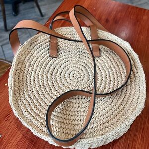 H&M woven round wicker leather bag crossbody 9.5”